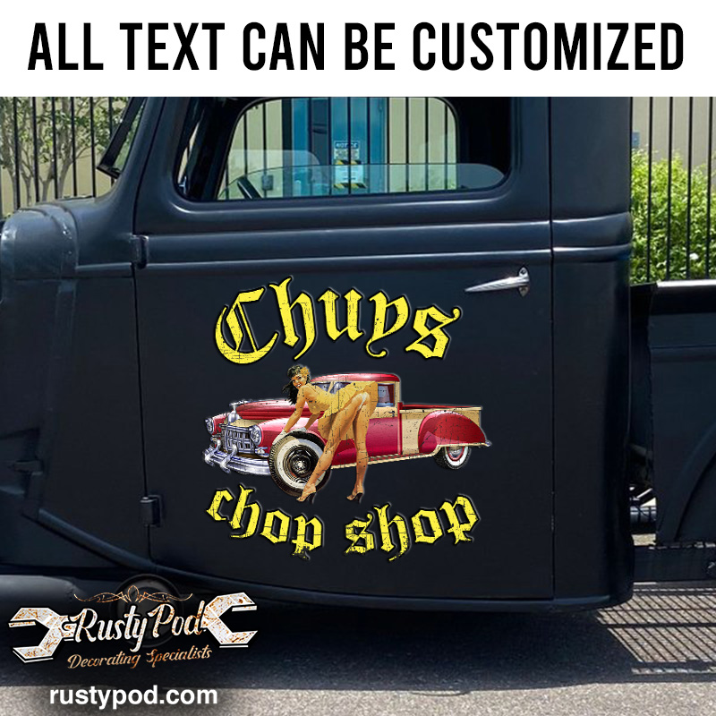 personalized pin up girl chop shop sticker 10954